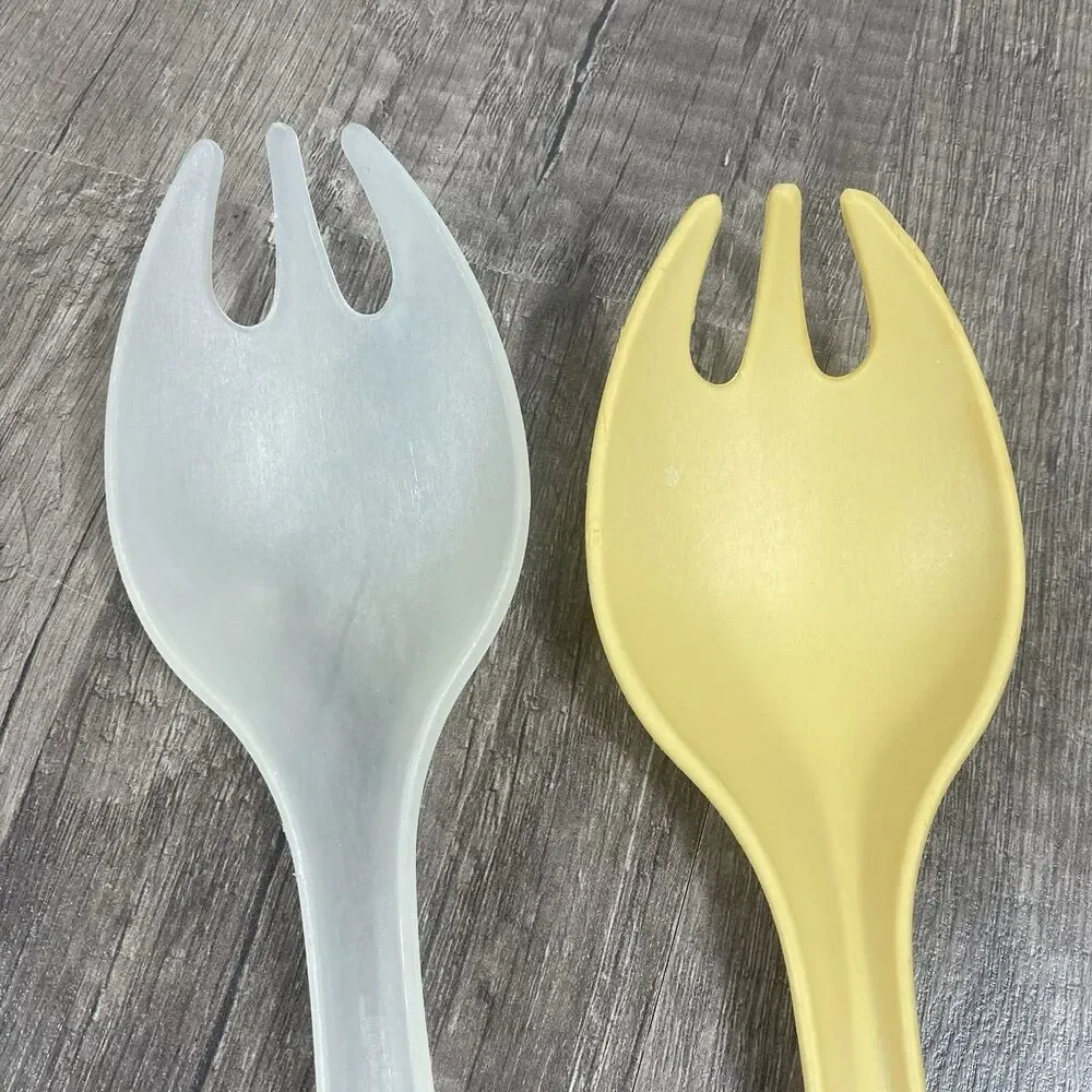 Vintage TUPPERWARE Spoons Fork Salad Serving Sporks Frosted Clear And Yellow